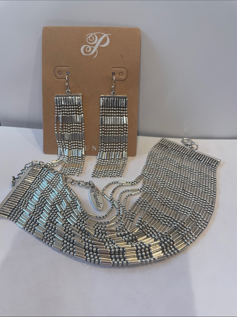 Silver-Tone Beaded Fringe Bracelet & Earrings Set